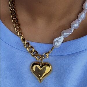 Gold Heart Pendant Two-Tone Pearl & Chain Necklace